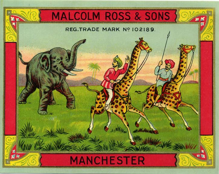 Shipper's ticket depicting an elephant and men riding giraffes