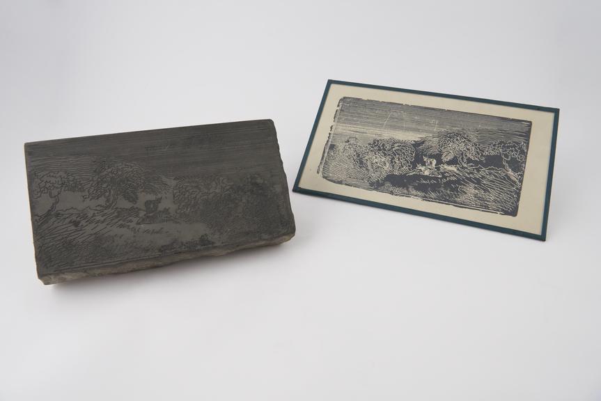 1 Slab of slate etched ? One one side showing two cows in