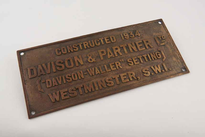 Cast brass nameplate from the Romford CWG plant