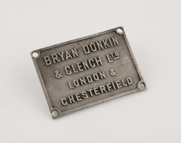 Cast aluminium plate Bryan Donkin and Clench Ltd'.'