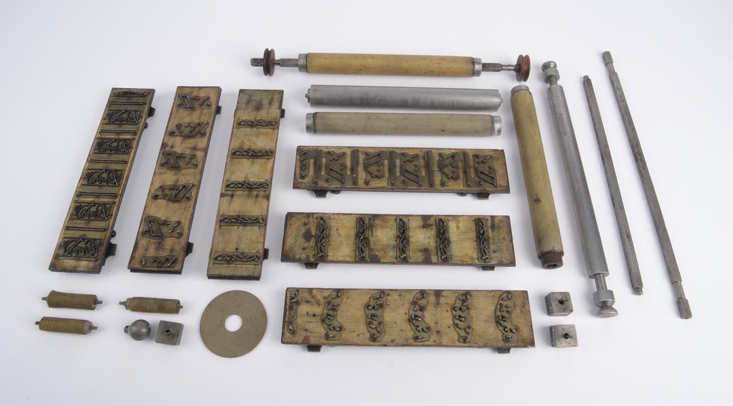 Six drugget-printing plates, 6 loose rollers