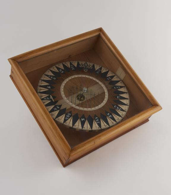 Experimental compass in wood and glass display box, 8 unsigned