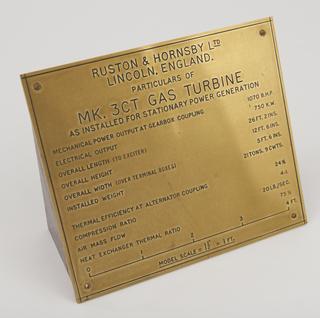Brass plaque showing MIC 3CT gas turbine particulars