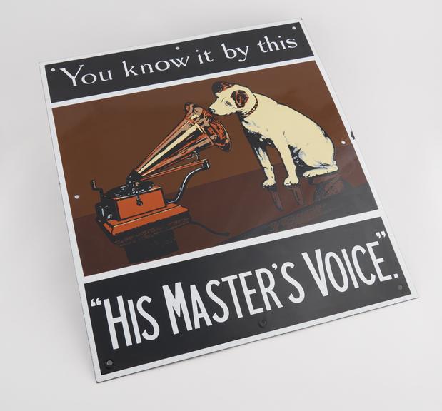 Advertising poster, coloured enamel, `His Masters Voice'