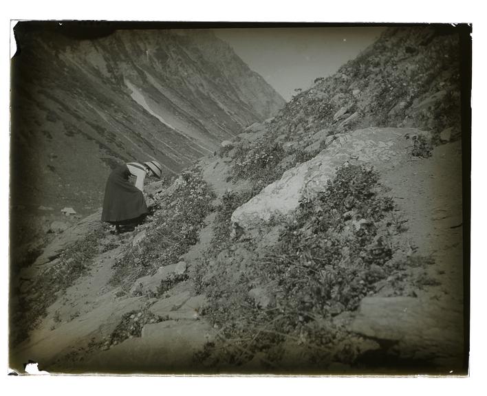 A glass negative of a woman assumed to be Mary looking at