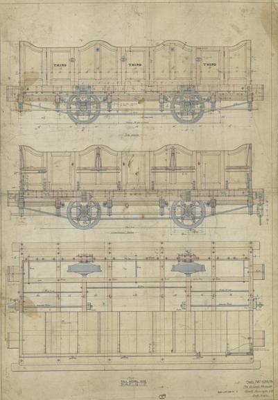 Untitled drawing - Plan, Side Elevation and Section of Railway Carriage