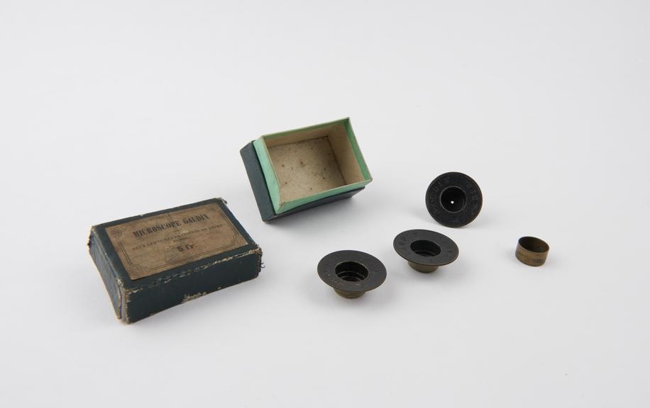 Simple lenses in cardboard box, French, circa 1840