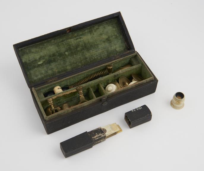 Compass microscope, made by Culpeper. In fish-skin case