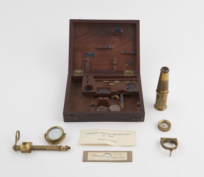 Gould microscope with box used as base, English