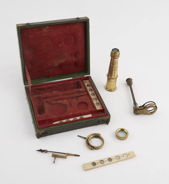 Gould-type microscope in green leather covered case, English