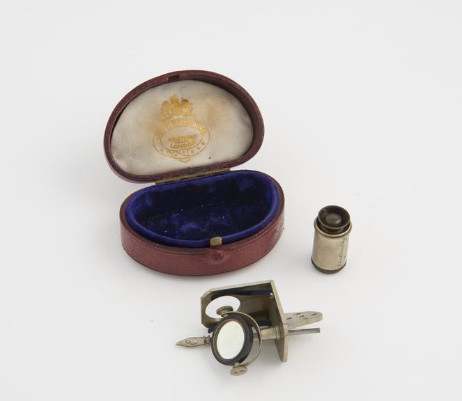 Pocket microscope by John Browning, London, with stage forceps