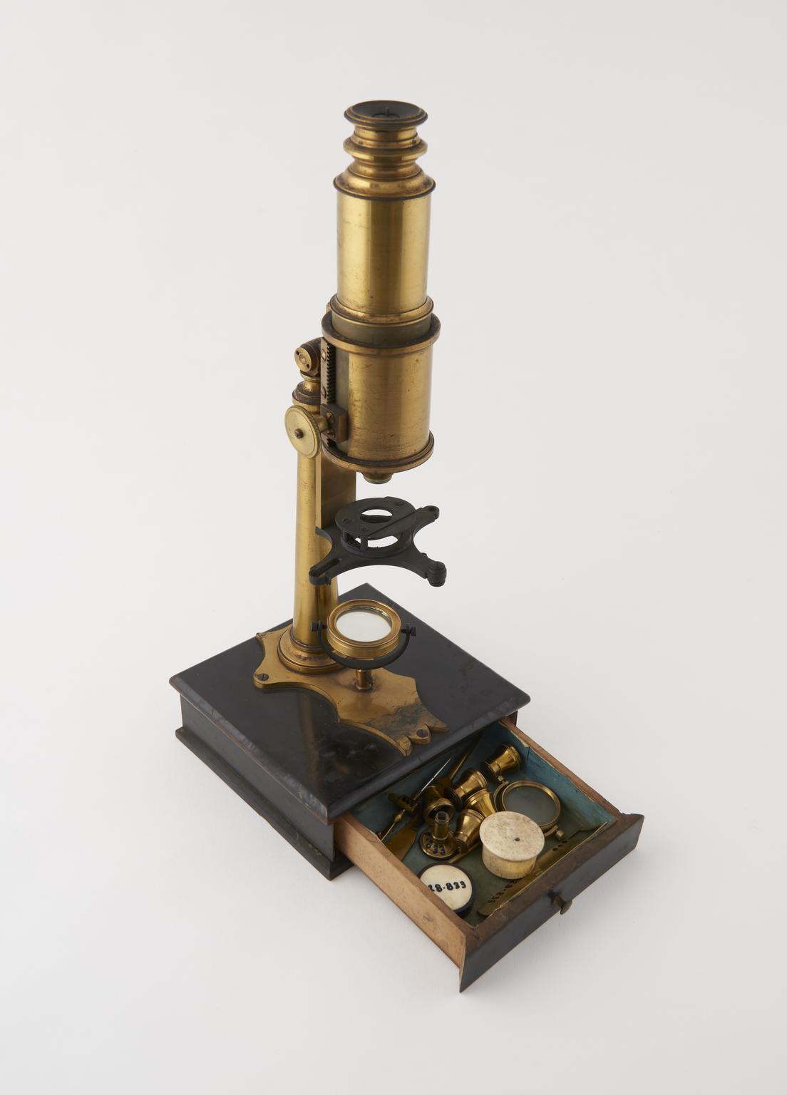 Microscope with rack coarse adjustment of unusual design on square box ...