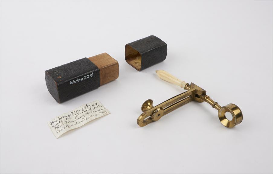 Hand microscope, folding, with case, circa 1800, English