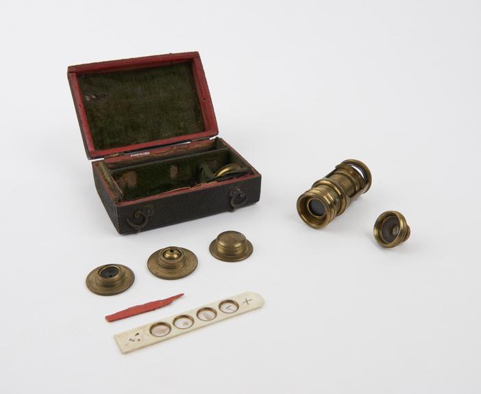 English screwbarrel microscope in fishskin covered case