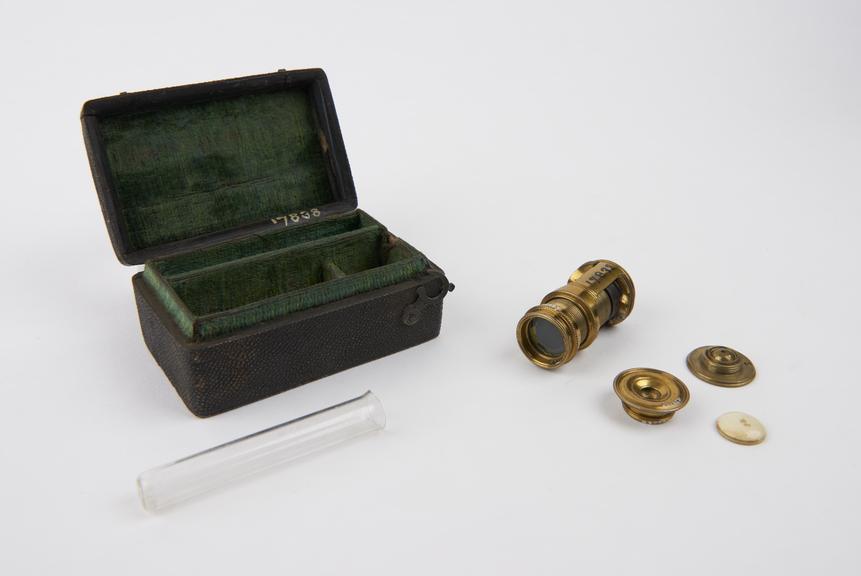 Screwbarrel microscope in fishskin case, English, 1751-1800