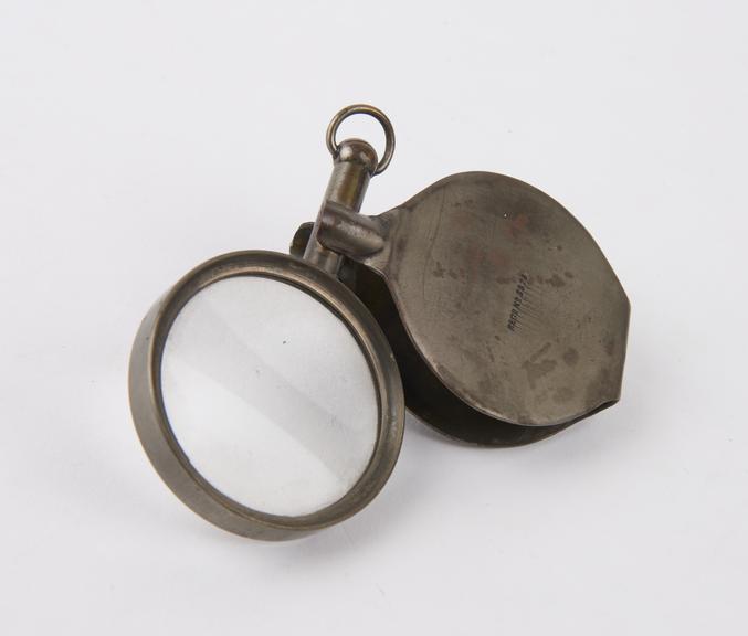 Hand lens with fob, in sleeve, English, late 19th century