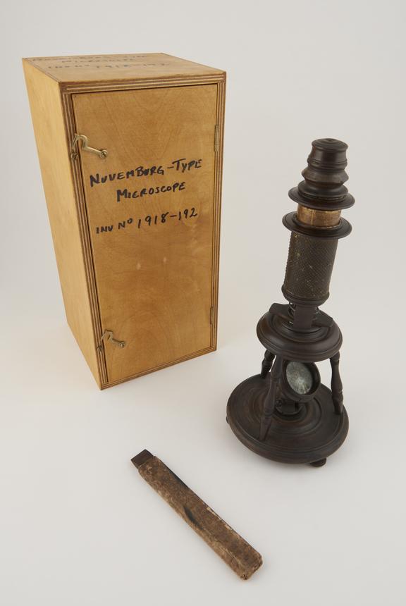 Wooden Nuremburgh' microscope (with 1 slide in a case)'