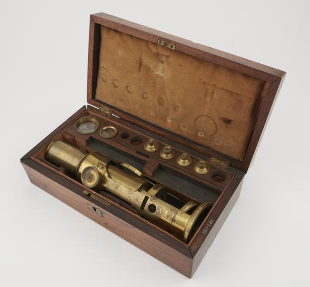 Early microscope (Martin's compound type) in case