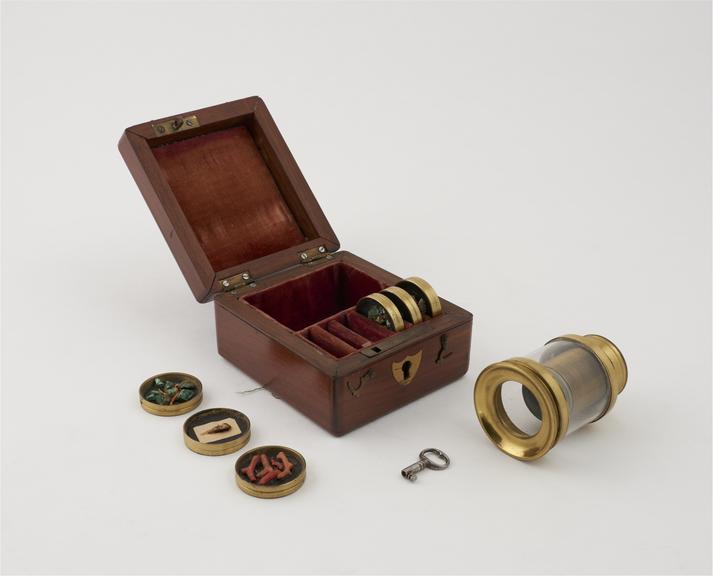 Pocket museum microscope, with 6 object plates, in case