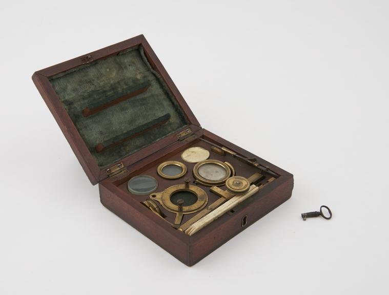 Aquatic microscope. Date about 1825, in case with lock and key