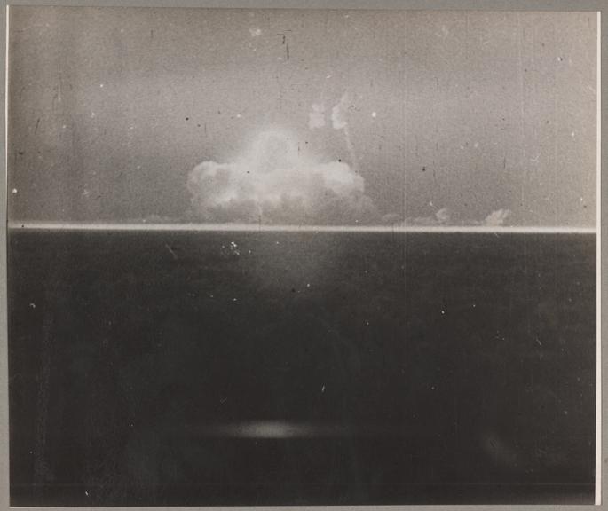 Black and white photographic print, 5th of 8, showing the July 1945 New Mexico atomic bomb explosion test