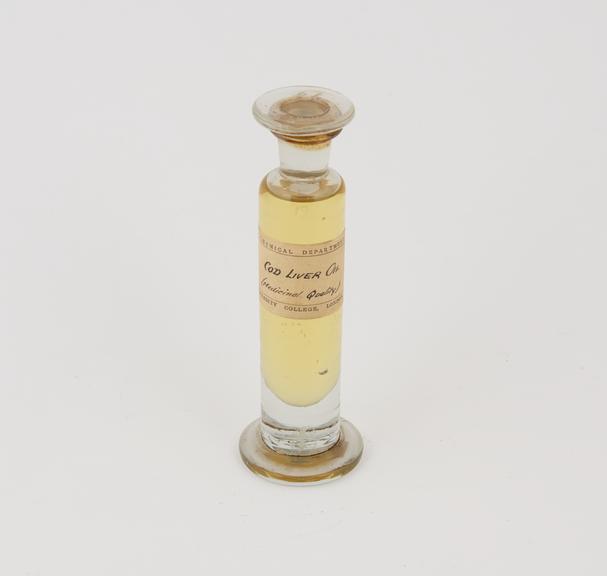 Specimen jar of cod liver oil made by Sir Jack Cecil Drummon, c.1920