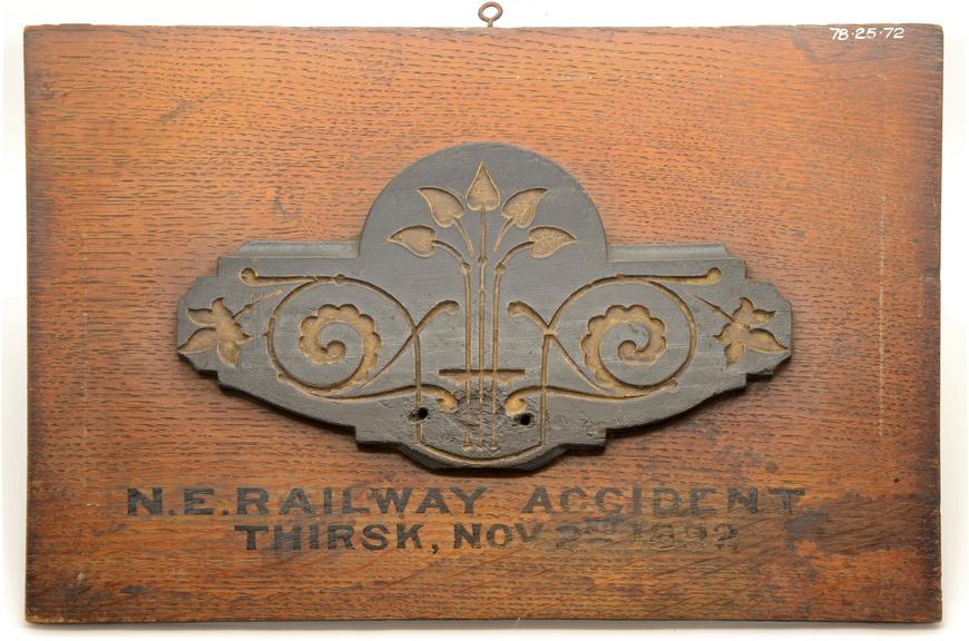 Wooden commemorative plaque, Thirsk 1892, North Eastern Railway