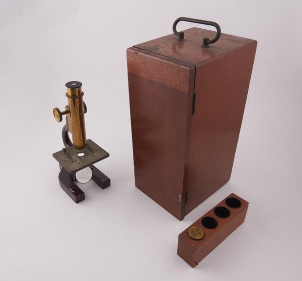 Student microscope in case, by Bausch and Lomb Optical Co