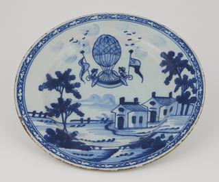 Three plates in white and blue.   9 3/4".   Trees and buildings