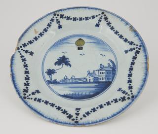 One of three plates in white and blue.   9".   Motif: Balloon with basket.   Birds