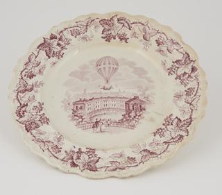One of two plates in white & sepia.   9".   Building in shape of a quadrant; people on verandah.   Balloon overhead