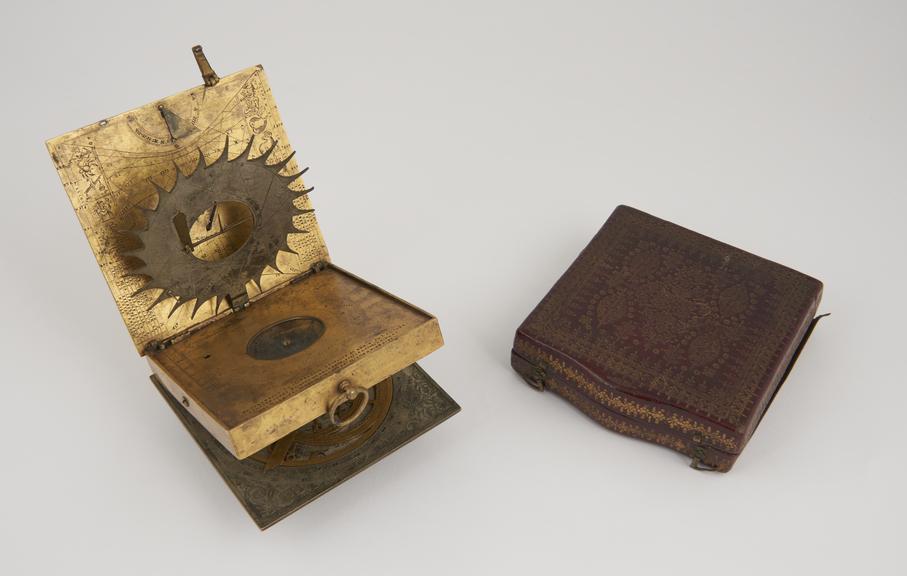 Sundial and Astrolabe, gilt and silvered, in case