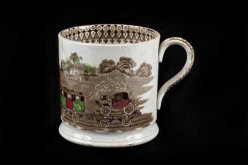 Transfer-printed and hand-coloured mug