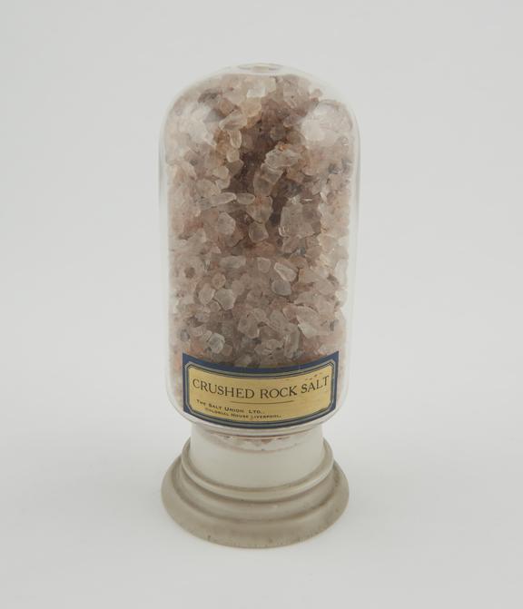 Specimen crushed rock salt in glass jar