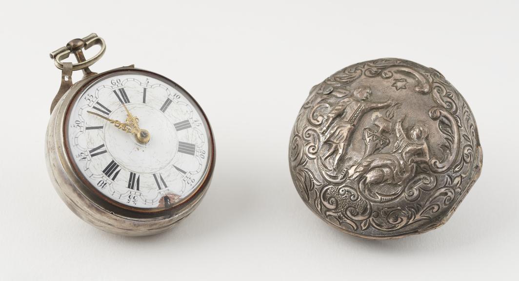 Verge watch with pendulum balance in silver pair repousse case