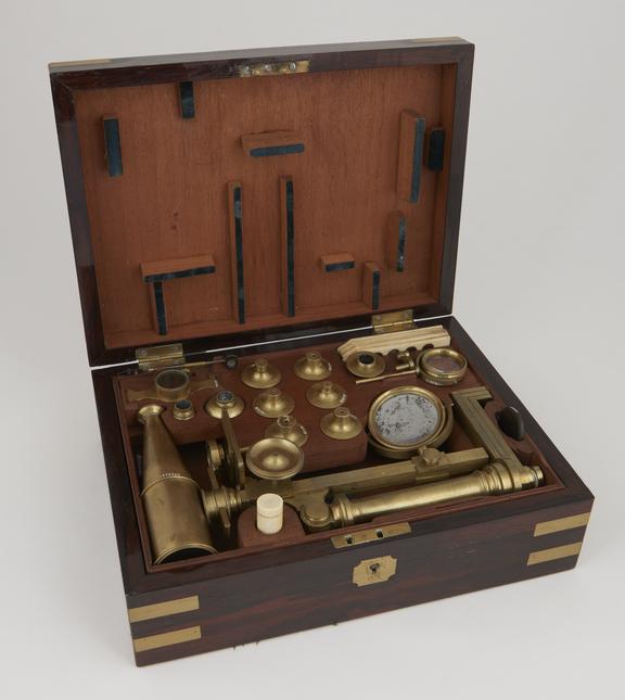 Gould type microscope in case, by James Bradley Chamberlain, 37