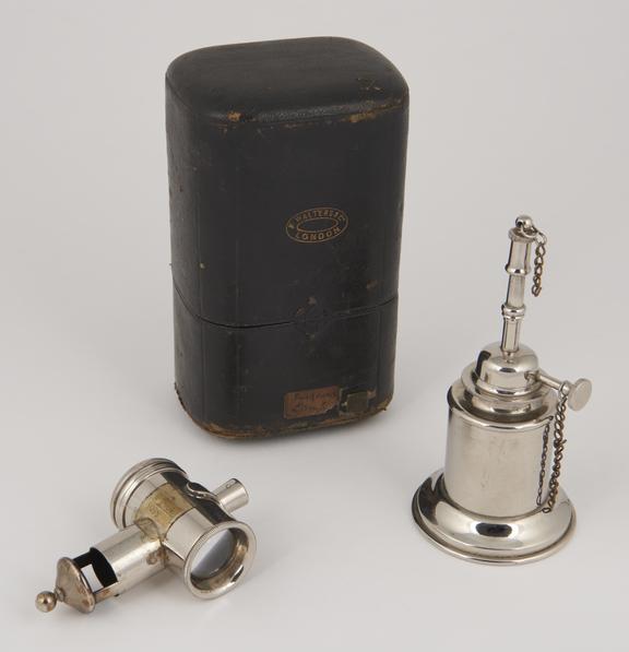 Oil microscope lamp in travelling case by F. Walters and Co