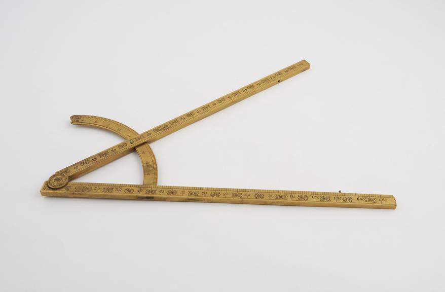 Folding square with quadrant arc, brass, engraved and gilt