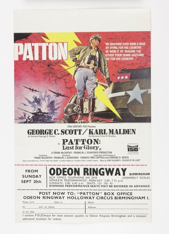 Handbill for a screening of 'Patton'