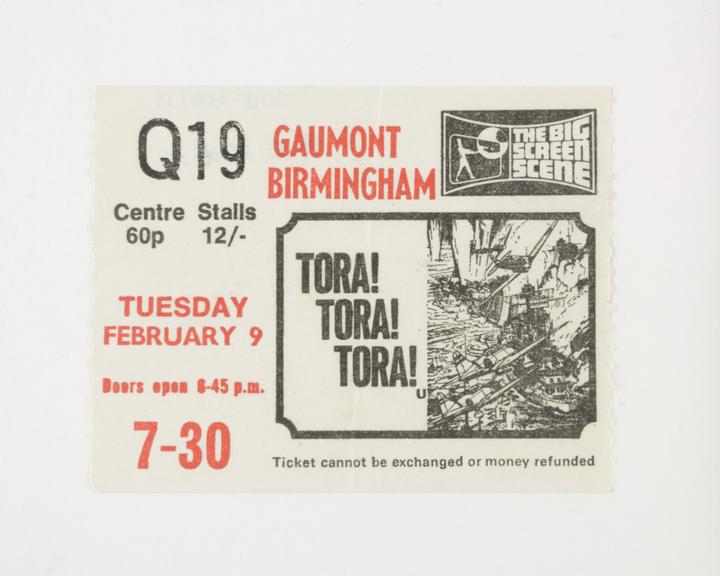 Ticket for a screening of the flim 'Tora! Tora! Tora!' at the