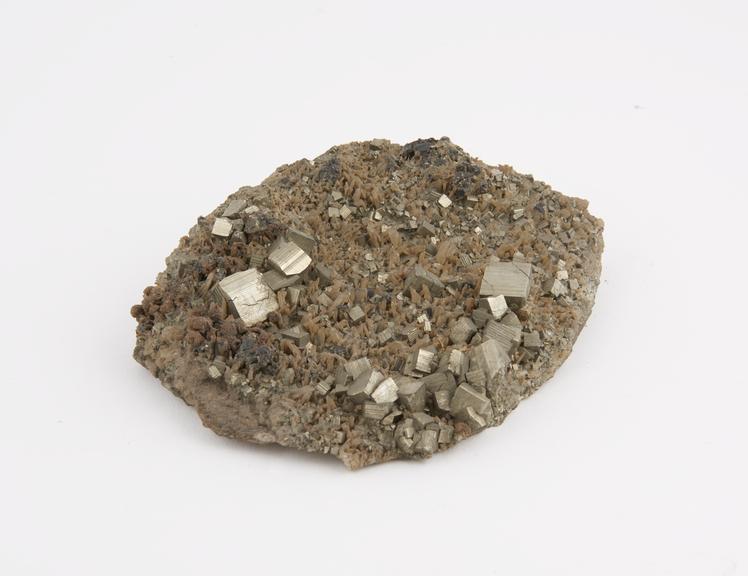 Specimen of natural iron pyrites crystals.