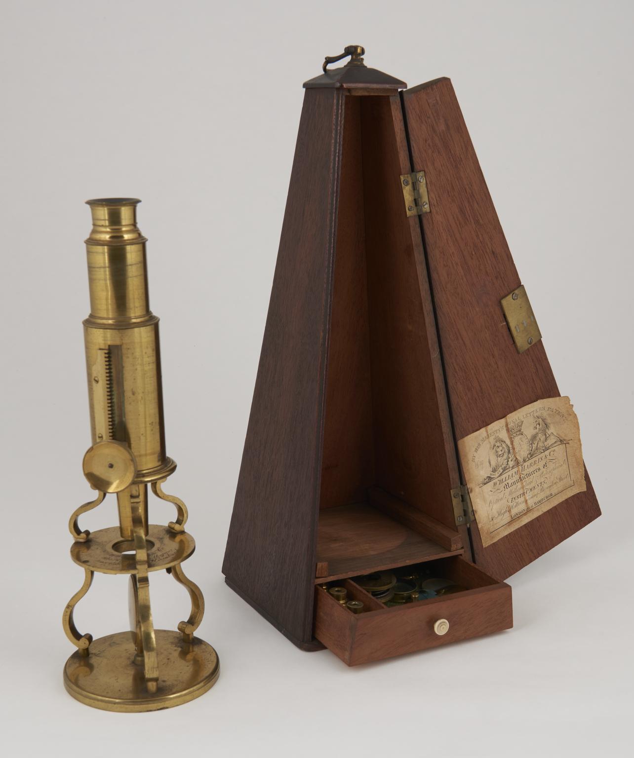 Culpeper microscope in pyramidal box with trade card on door | Science ...