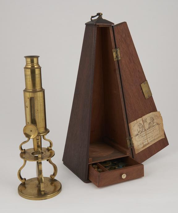 Culpeper microscope in pyramidal box with trade card on door