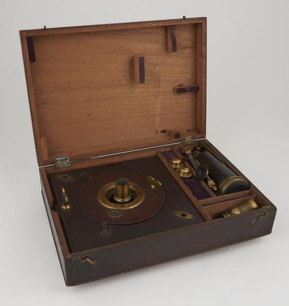 Solar microscope with wooden screen and leather-covered body