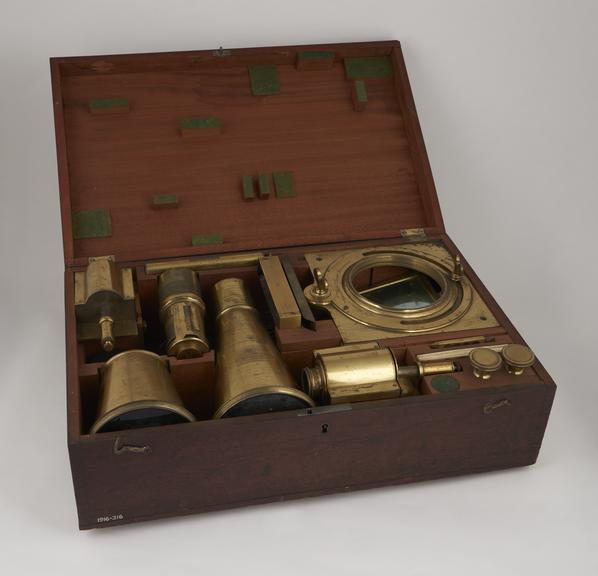 Solar microscope with accessories, complete in mahogany case
