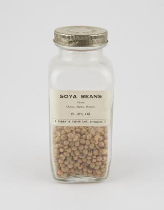 Specimen bottle containing soya beans