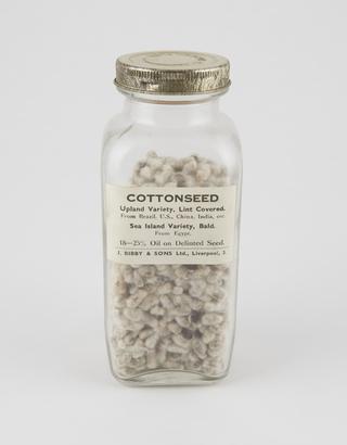 Specimen bottle containing cotton seeds