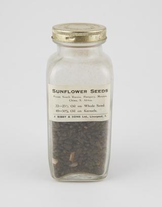 Specimen bottle containing sunflower seeds