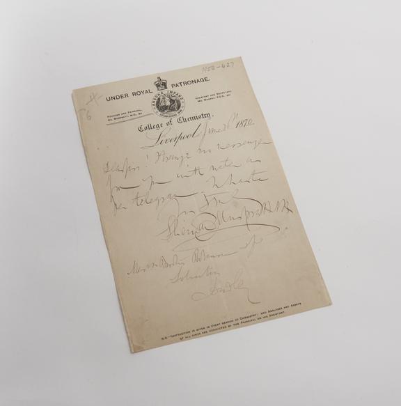 Letter dated June 3rd, 1870 signed by I.S. Muspratt (1821-1877)