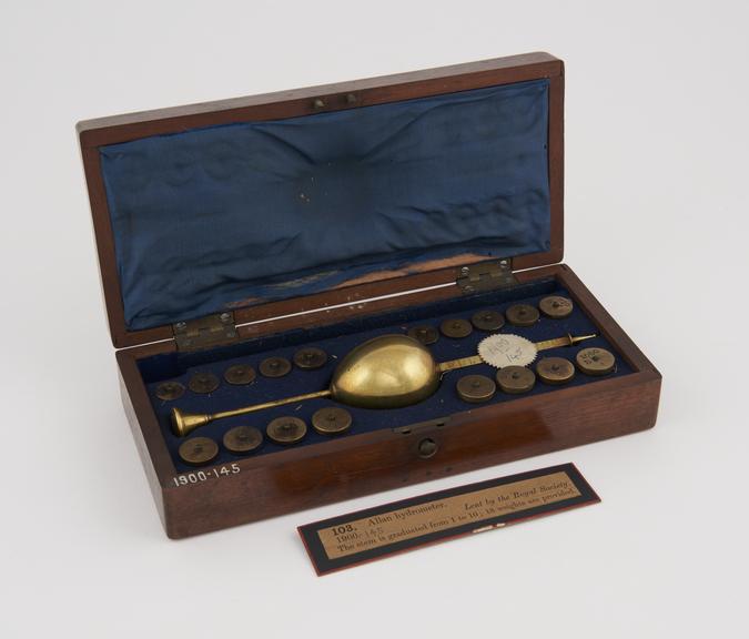 Allan hydrometer, serial no 3, in mahogany box, inscribed